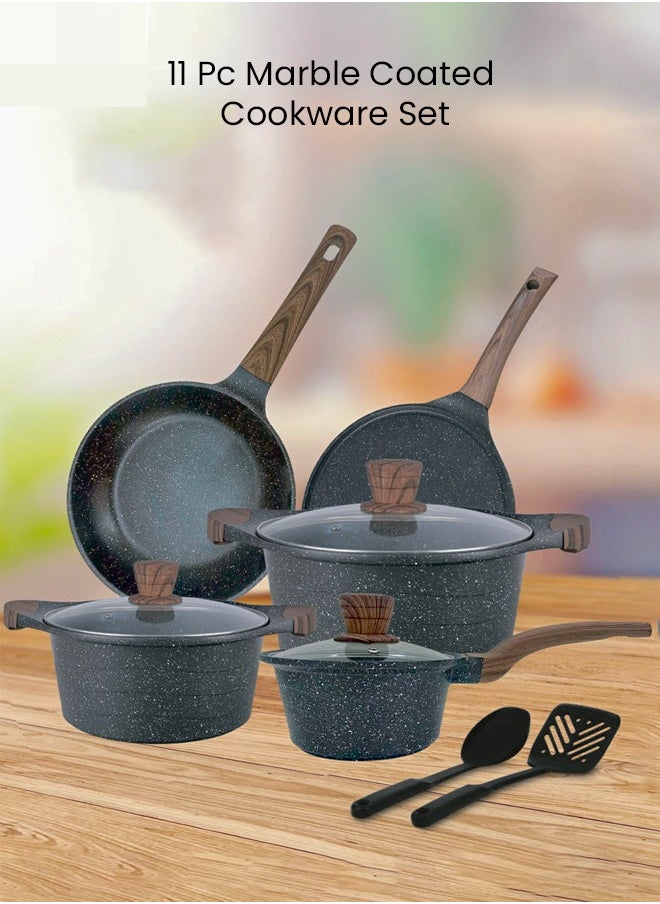 Easy Cook - 11 Piece Non Stick Marble Coated Cookware Set, 26cm,28cm Casserole With Glass Lid, 16cm Sauce Pan, 26cm Fry Pan, 26cm Tawa, 3 Pcs Nylon Utensils, AFT214 - Image 1