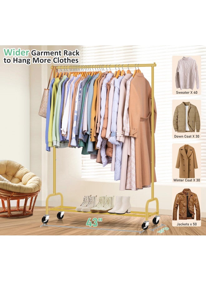 Sleeping Lamb SLEEPING LAMB Heavy Duty Clothes Racks for Hanging Clothing Rack, 43" Wide Rolling Garment Rack Metal Wardrobe Rack with Wheels Closet Hanger Rack for Coats, Shirts, Dress (Gold) - Image 1