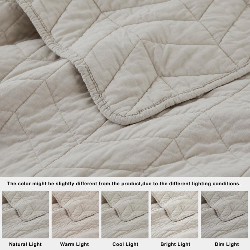palassio Beige Cotton Quilt King Size Bedding Sets with Pillow Shams,White Lightweight Soft Bedspread Coverlet, Tan Cream Quilted Comforter Bed Cover for All Season, 3 Pieces, 106x96 inches - Image 2