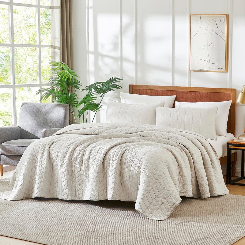 palassio Beige Cotton Quilt King Size Bedding Sets with Pillow Shams,White Lightweight Soft Bedspread Coverlet, Tan Cream Quilted Comforter Bed Cover for All Season, 3 Pieces, 106x96 inches - Image 5