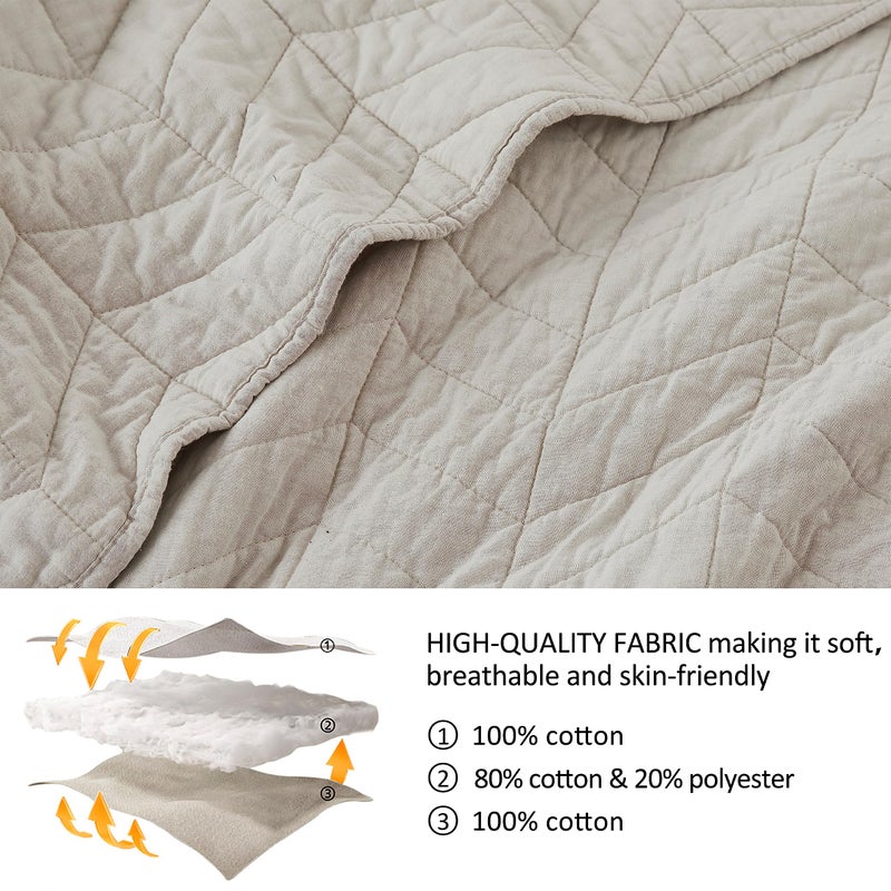 palassio Beige Cotton Quilt King Size Bedding Sets with Pillow Shams,White Lightweight Soft Bedspread Coverlet, Tan Cream Quilted Comforter Bed Cover for All Season, 3 Pieces, 106x96 inches - Image 4