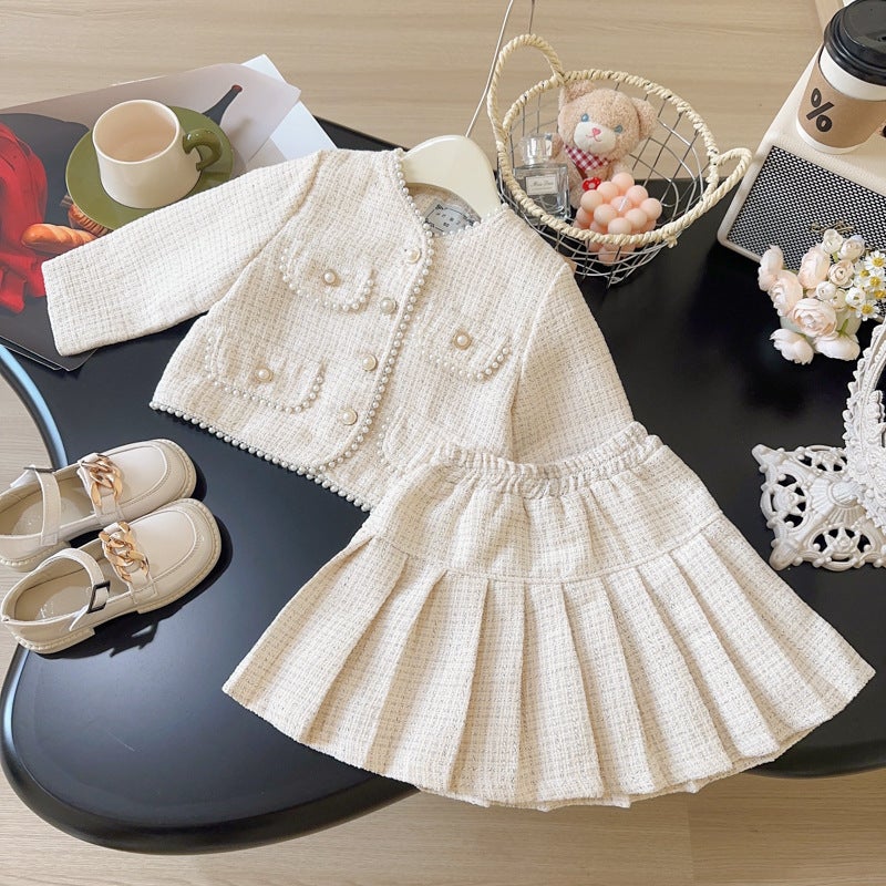 Childrens suit New Autumn Womens Treasure Fashion Stylish Fashionable Lace Elegant Jacket Skirt Elegant Two-piece Set Fashion apricot AQA003
