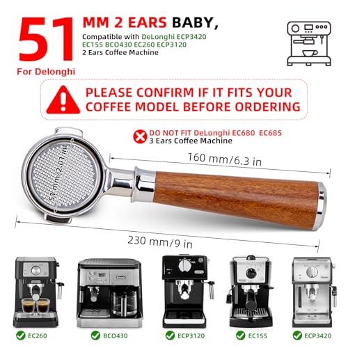YMWVH 51mm Bottomless Portafilter 2 Ears for Delonghi Stilosa ECP3420/EC155/BCO430/EC260,Stainless Steel Filter Basket and Walnut Handle - Image 4