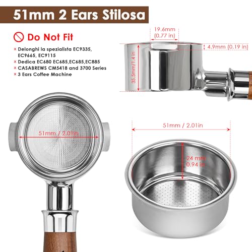 YMWVH 51mm Bottomless Portafilter 2 Ears for Delonghi Stilosa ECP3420/EC155/BCO430/EC260,Stainless Steel Filter Basket and Walnut Handle - Image 2