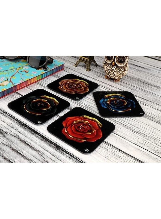OUTFITQUE Golden Rose Printed Coasters for Home, Kitchen, Restaurant, Cafeteria Set of 4 with Stand (3.5 X 3.5 Inch, Multicolor) - Image 2