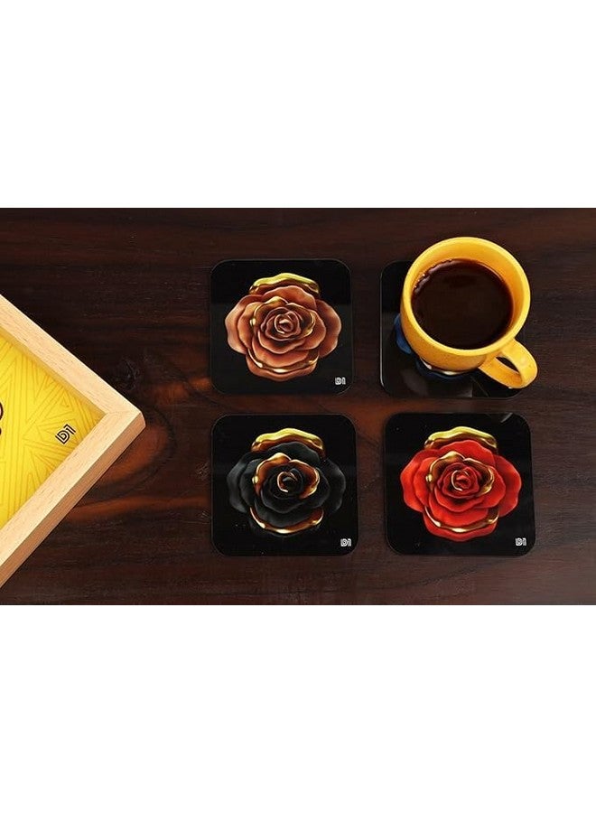 OUTFITQUE Golden Rose Printed Coasters for Home, Kitchen, Restaurant, Cafeteria Set of 4 with Stand (3.5 X 3.5 Inch, Multicolor) - Image 3