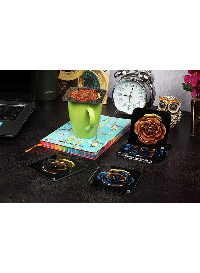 OUTFITQUE Golden Rose Printed Coasters for Home, Kitchen, Restaurant, Cafeteria Set of 4 with Stand (3.5 X 3.5 Inch, Multicolor) - Image 4