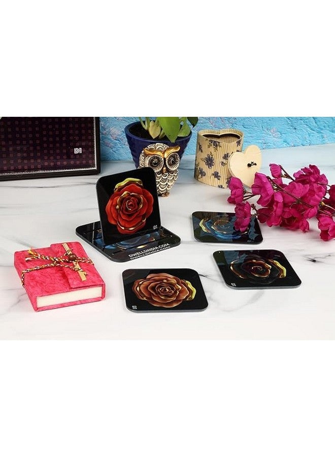 OUTFITQUE Golden Rose Printed Coasters for Home, Kitchen, Restaurant, Cafeteria Set of 4 with Stand (3.5 X 3.5 Inch, Multicolor) - Image 5