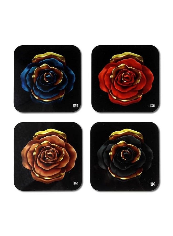 OUTFITQUE Golden Rose Printed Coasters for Home, Kitchen, Restaurant, Cafeteria Set of 4 with Stand (3.5 X 3.5 Inch, Multicolor) - Image 1