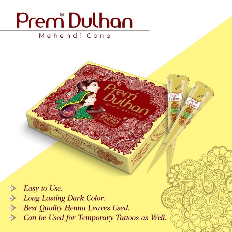 Prem Dulhan Natural HennaBased Mehendi Cones Set Pack of 4 48 Cones for Hand Designing  ChemicalFree Perfect for Weddings  Traditional Occasions  Yellow Joy Box for Women  Girls - Image 4