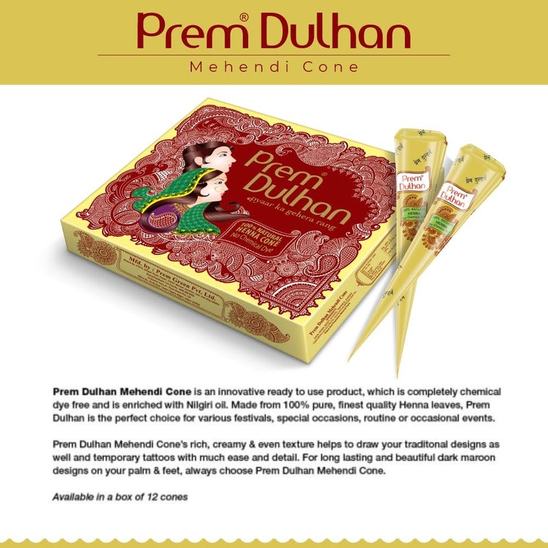 Prem Dulhan Natural HennaBased Mehendi Cones Set Pack of 4 48 Cones for Hand Designing  ChemicalFree Perfect for Weddings  Traditional Occasions  Yellow Joy Box for Women  Girls - Image 3