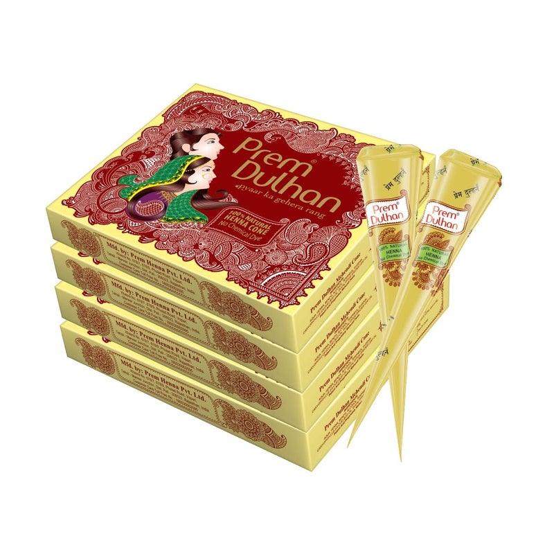 Prem Dulhan Natural HennaBased Mehendi Cones Set Pack of 4 48 Cones for Hand Designing  ChemicalFree Perfect for Weddings  Traditional Occasions  Yellow Joy Box for Women  Girls - Image 1