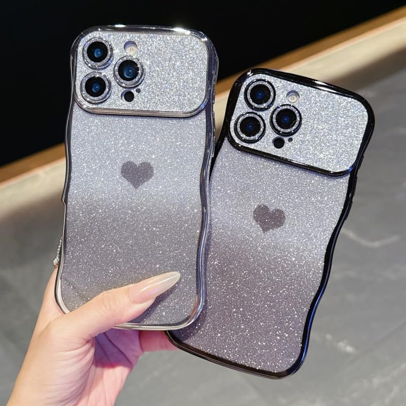 Electroplated Curly Wavy Frame Glitter Bling Love Heart Compatible with iPhone Case (iPhone 13 Pro Max,Silver) - Image 3