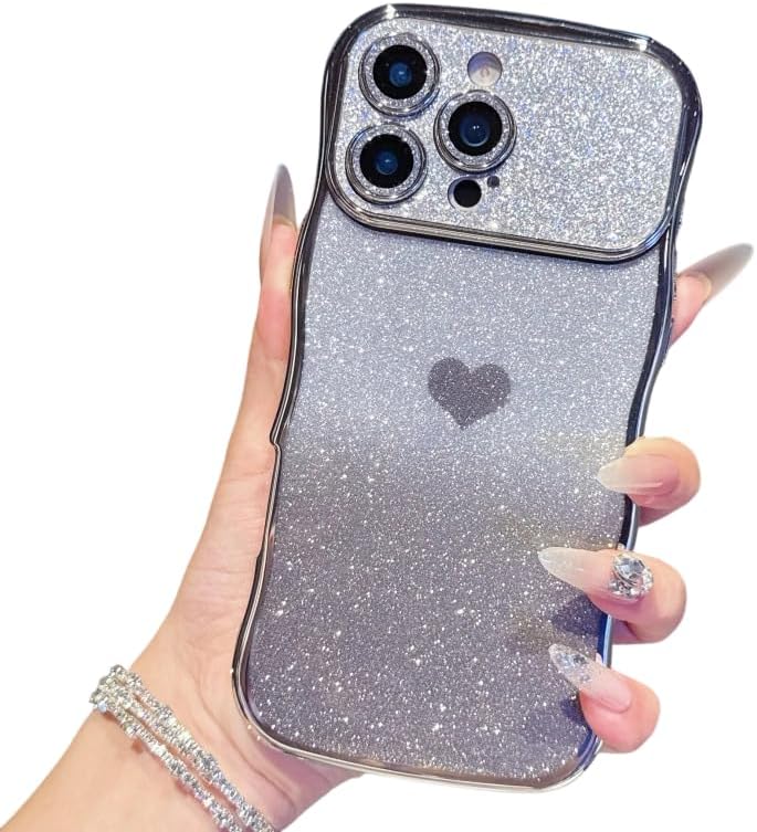 Electroplated Curly Wavy Frame Glitter Bling Love Heart Compatible with iPhone Case (iPhone 13 Pro Max,Silver) - Image 1