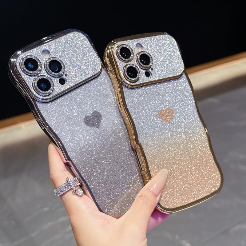 Electroplated Curly Wavy Frame Glitter Bling Love Heart Compatible with iPhone Case (iPhone 13 Pro Max,Silver) - Image 4