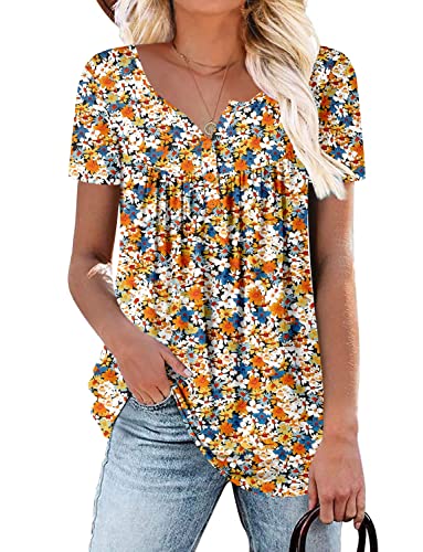 ROSELINLIN Floral Short Sleeve Shirts for Women Pull Over Tunic Top V Neck T Shirt M Orange Yellow - Image 1