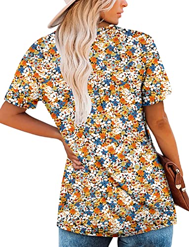 ROSELINLIN Floral Short Sleeve Shirts for Women Pull Over Tunic Top V Neck T Shirt M Orange Yellow - Image 4