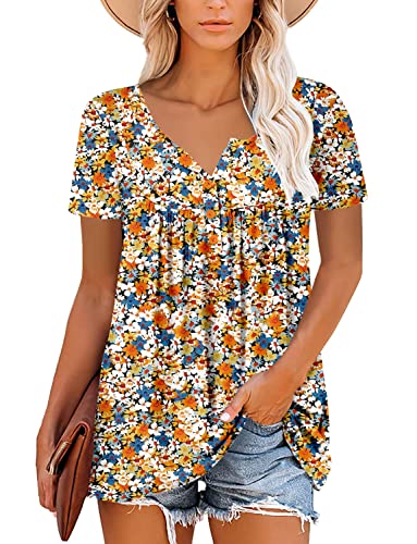 ROSELINLIN Floral Short Sleeve Shirts for Women Pull Over Tunic Top V Neck T Shirt M Orange Yellow - Image 2
