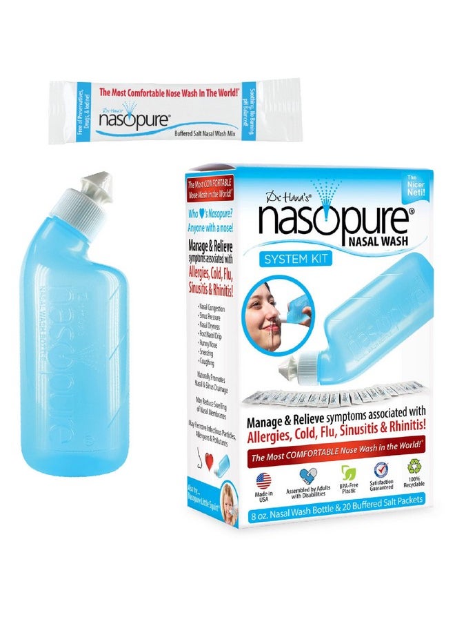 DR HANA'S NASOPURE Nasopure Nasal Wash, System Kit, “The Nicer Neti Pot” Sinus Wash Kit, Comfortable Nasal Rinse 8 Oz Bottle & 20 Salt Packets (3.75 Grams Each), Nasal Congestion, Cold, Flu, Allergy, Nasal Irrigation  - Image 1