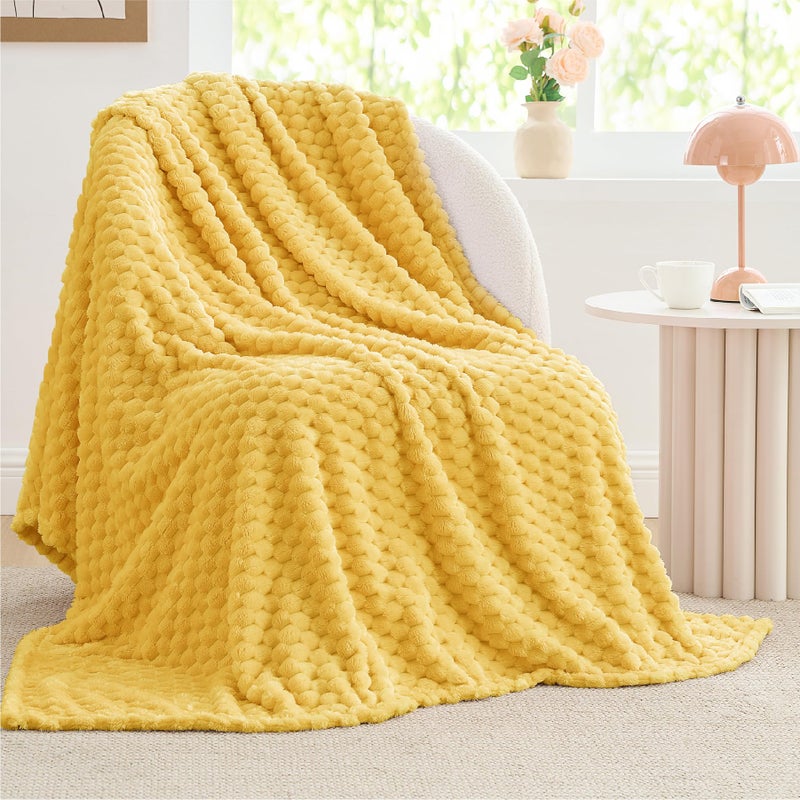 BEDELITE BEDELITE Fleece Throw Blanket for Couch & Bed - 3D Jacquard Decorative Yellow Blanket  Super Soft and Cozy Warm Fuzzy Blanket All Seasons Suitable  50x60Inches  - Image 2