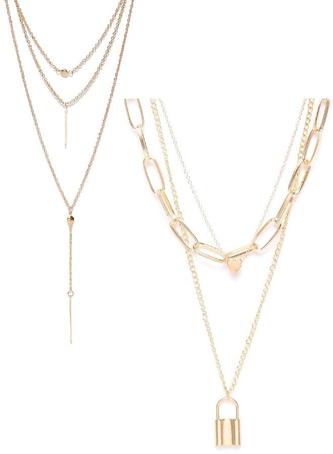 OOMPHelicious Jewellery Set of 2 Gold Tone Link Chain Lock Multi Layer Necklaces for Women & Girls - Image 1