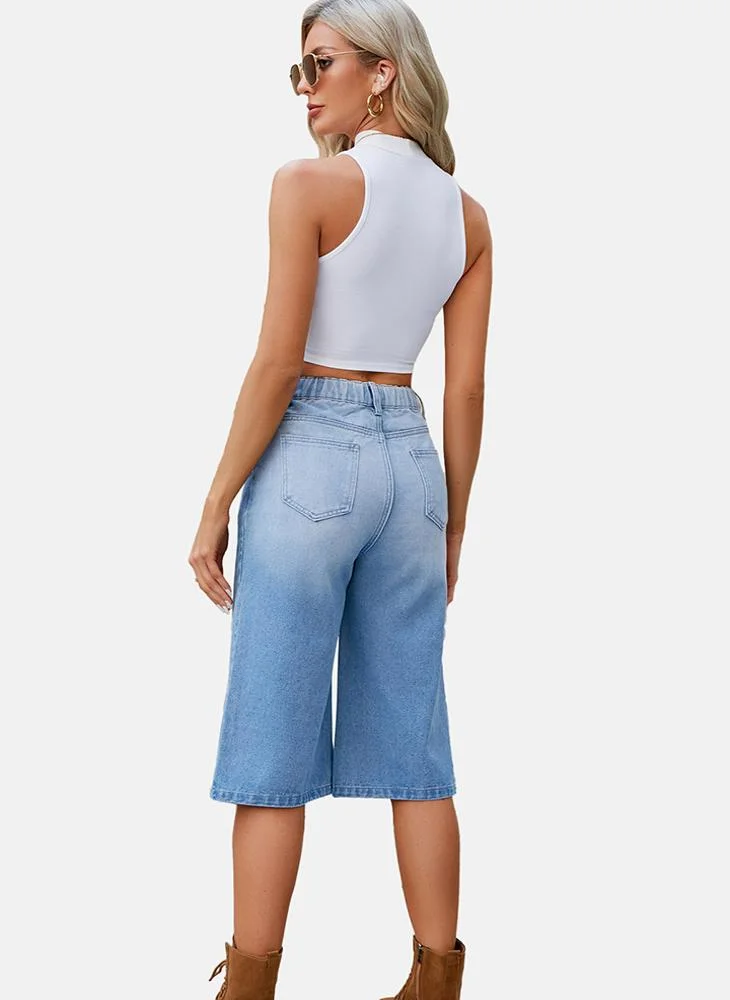 YUNIQEE Blue Regular Fit Mid Rise 3/4th Plain Denim Shorts