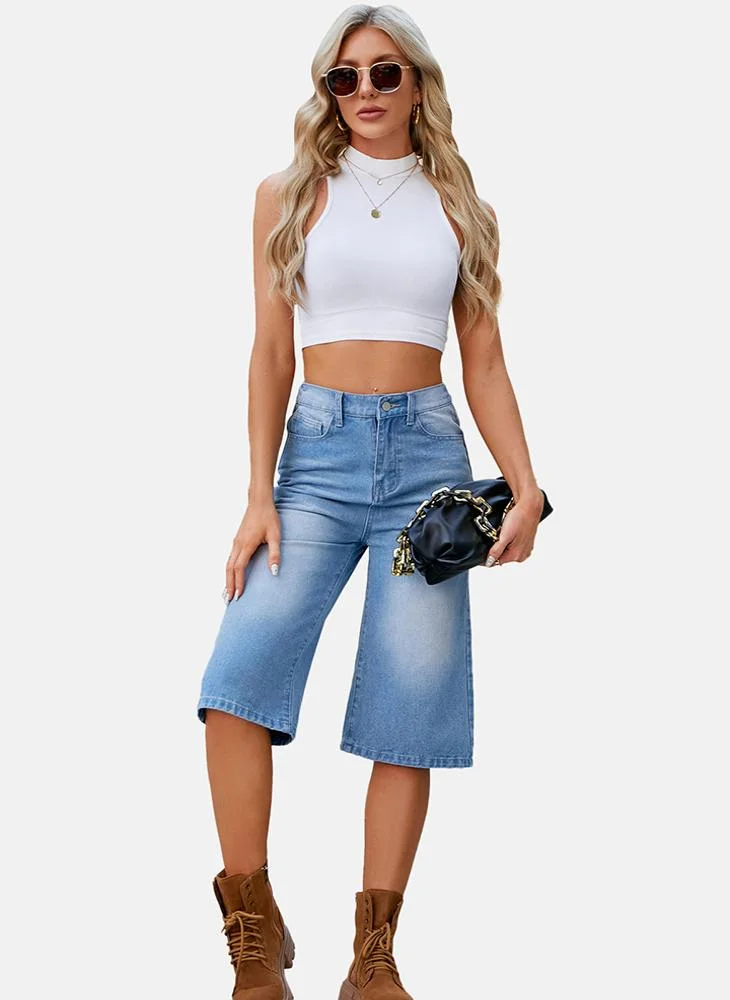 YUNIQEE Blue Regular Fit Mid Rise 3/4th Plain Denim Shorts