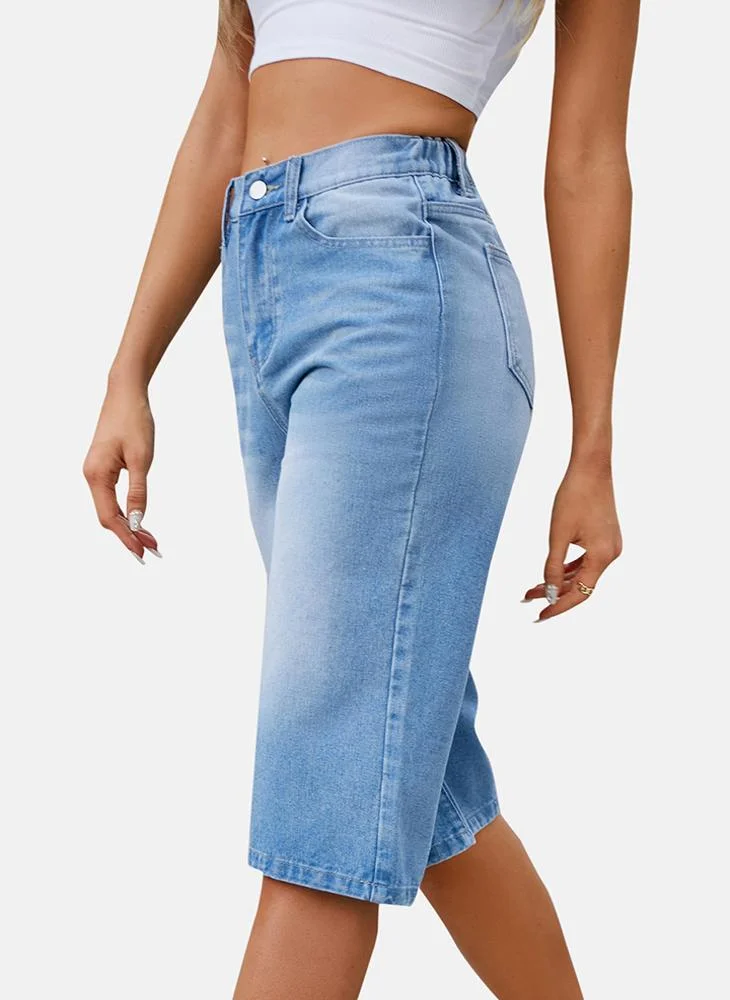 YUNIQEE Blue Regular Fit Mid Rise 3/4th Plain Denim Shorts