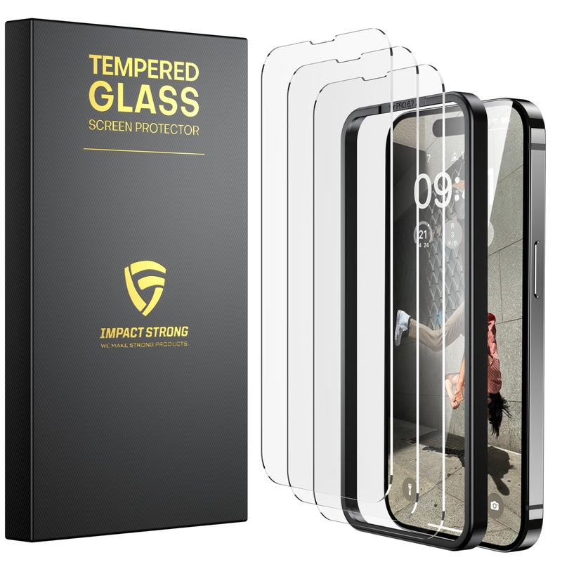 ImpactStrong 3-Pack Shatterproof Tempered Glass Screen Protector for iPhone 14 Pro Max [Easy Installation Frame] [Bubble Free] [9H Hardness] [Full Coverage] Case Friendly, 6.7 Inch - Image 1