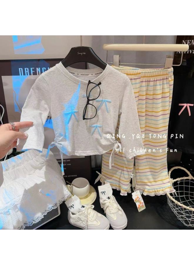 New Long-sleeve T-shirt Spring/fall Korean Fashion Stylish Bow Top Baby Girls' Versatile Base Layer T-shirt