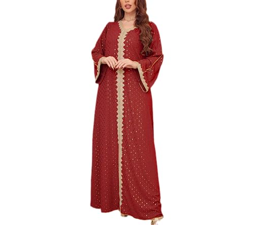 FPOVFPO Womens Muslim Abaya Dress One-Piece V Neck Bronzing Dress Islamic Full Length Kaftan Daily Casual Dress Red - Image 3