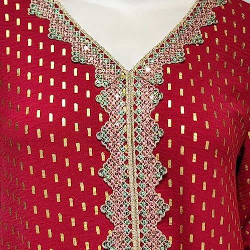 FPOVFPO Womens Muslim Abaya Dress One-Piece V Neck Bronzing Dress Islamic Full Length Kaftan Daily Casual Dress Red - Image 4
