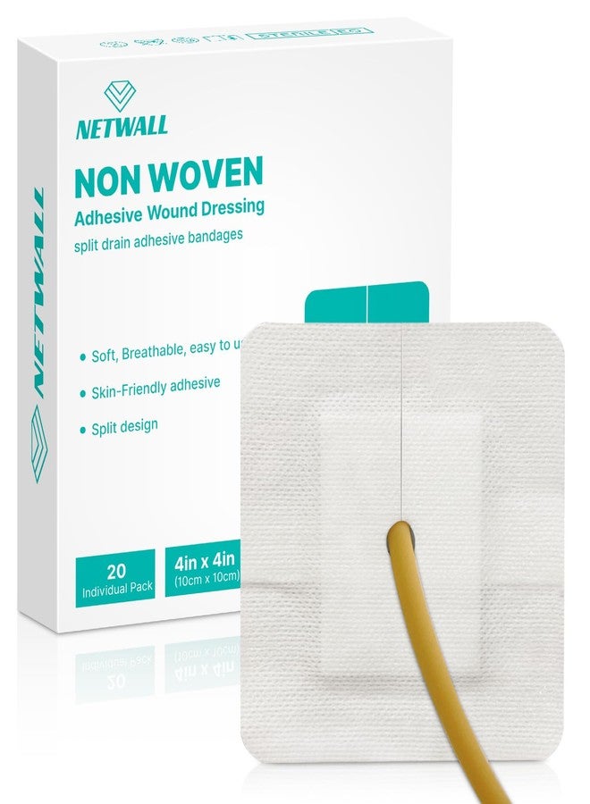 NETWALL ضمادات لاصقة لتصريف السوائل، مقاس 4 بوصات × 4 بوصات، مقطوعة مسبقًا لأنابيب التغذية وقسطرة غسيل الكلى وأنابيب التصريف - وسادة ناعمة غير لاصقة - مغلفة بشكل فردي، عبوة من 20 ضمادة للجروح - Image 1