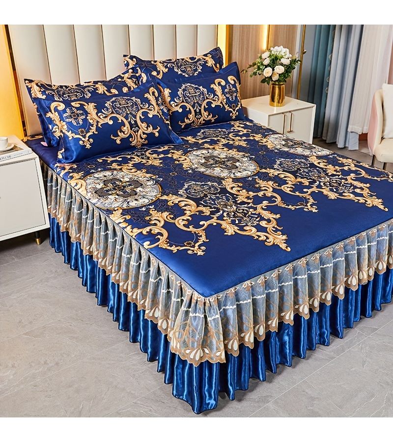 New Blue Full Lace Hem Bed Skirt And Pillowcases Set Machine Washable Mattress Cover Soft Comfortable Folding Bedroom Guest Room Bedding 160cm x 200cm - Image 2