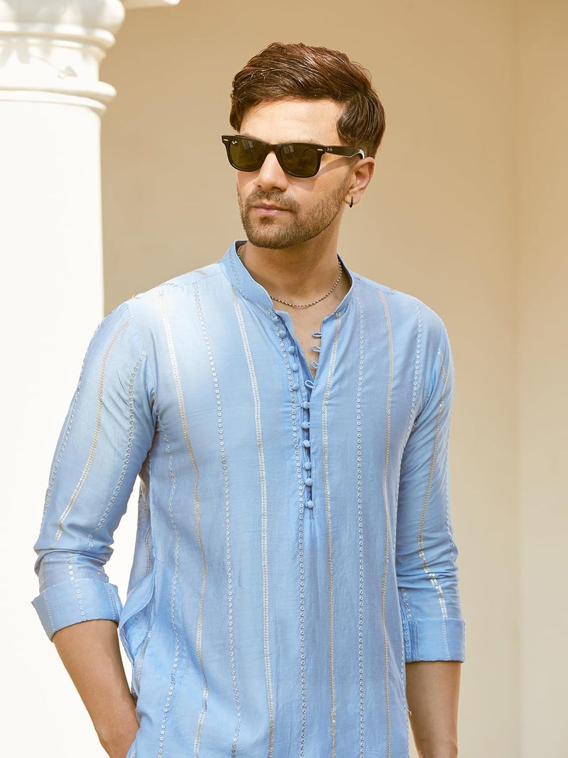 See Designs Men Full Sleeve Turquoise Blue Chanderi Silk Sequins Mandarin Collar Side Slit Kurta with Pyjama - SDMKT144401L - Image 3