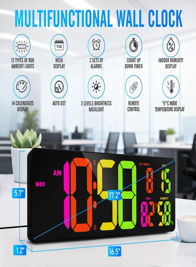 ساعة حائط رقمية من RUIDDY مزودة بشاشة LED RGB، وجهاز مراقبة درجة الحرارة والرطوبة، وإضاءة خلفية متعددة الألوان، وشاشة عرض أرقام كبيرة. - Image 4