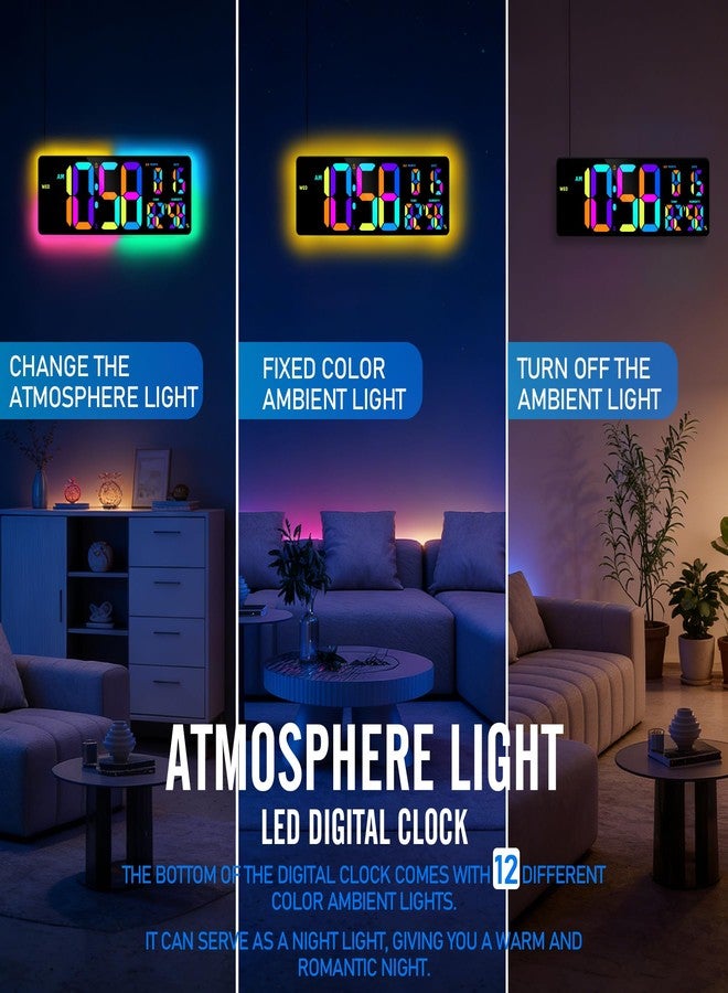 ساعة حائط رقمية من RUIDDY مزودة بشاشة LED RGB، وجهاز مراقبة درجة الحرارة والرطوبة، وإضاءة خلفية متعددة الألوان، وشاشة عرض أرقام كبيرة. - Image 5
