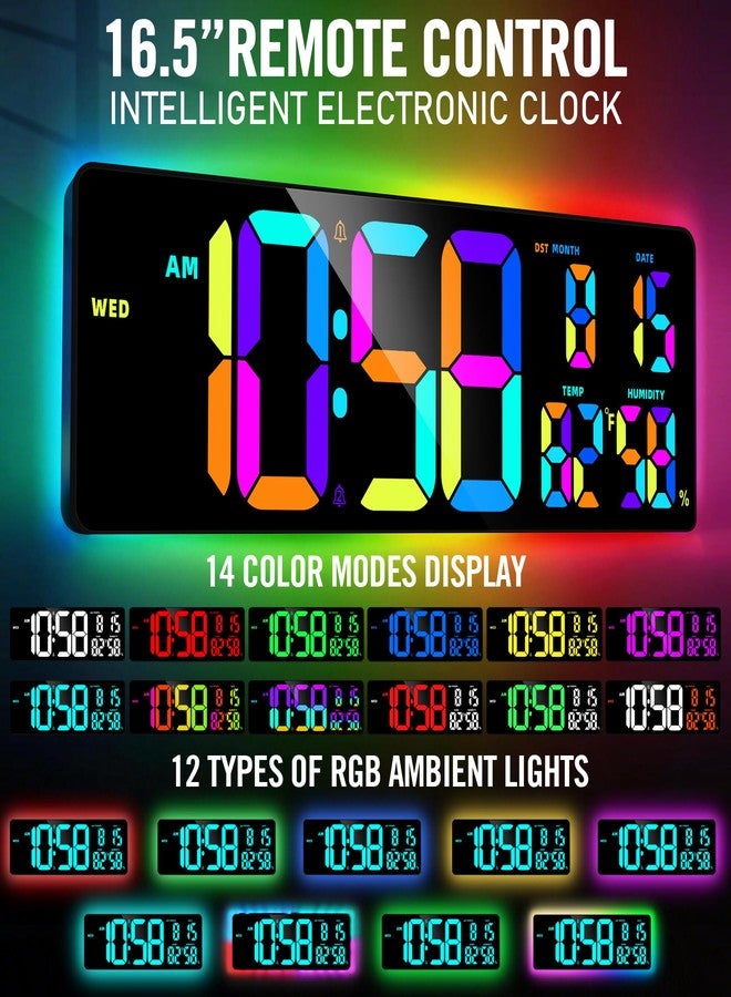 ساعة حائط رقمية من RUIDDY مزودة بشاشة LED RGB، وجهاز مراقبة درجة الحرارة والرطوبة، وإضاءة خلفية متعددة الألوان، وشاشة عرض أرقام كبيرة. - Image 3