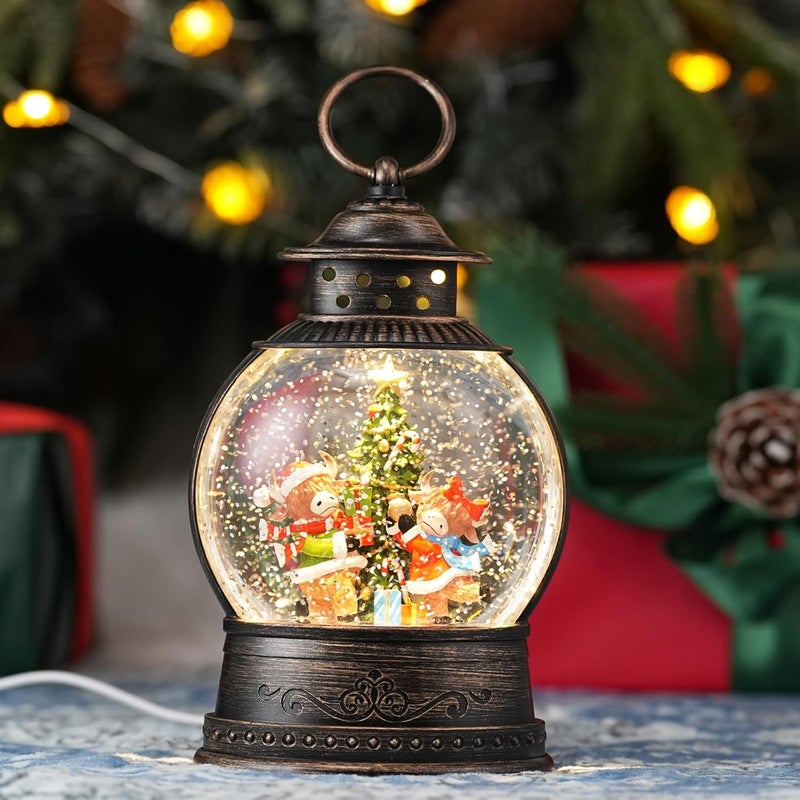 PestiLite Christmas Snow Globes Lantern, Winter Scene with Highland Cow Christmas Tree, Musical Snowglobe with LED Lights & 6h Timer Swirling Glitter Holiday Decortaions Gifts, USB/Battery Powered - Image 1