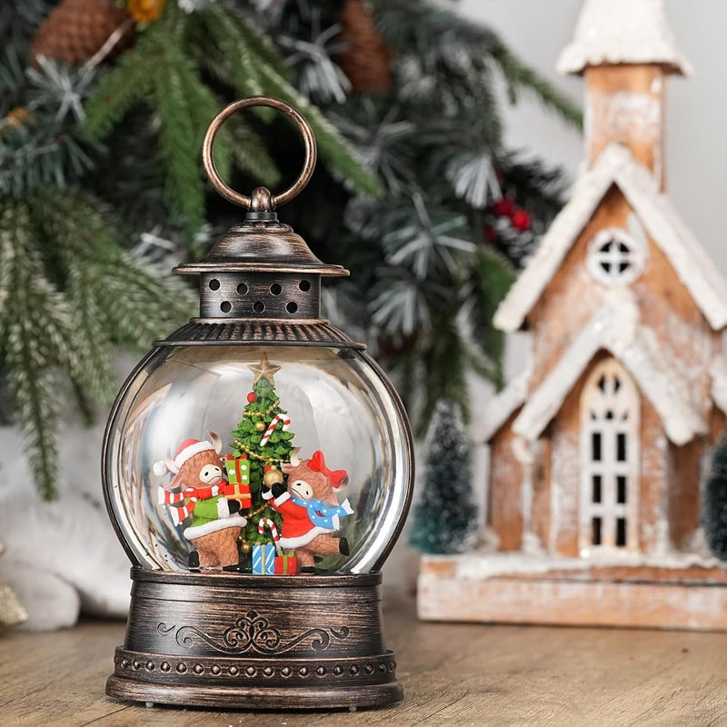 PestiLite Christmas Snow Globes Lantern, Winter Scene with Highland Cow Christmas Tree, Musical Snowglobe with LED Lights & 6h Timer Swirling Glitter Holiday Decortaions Gifts, USB/Battery Powered - Image 2