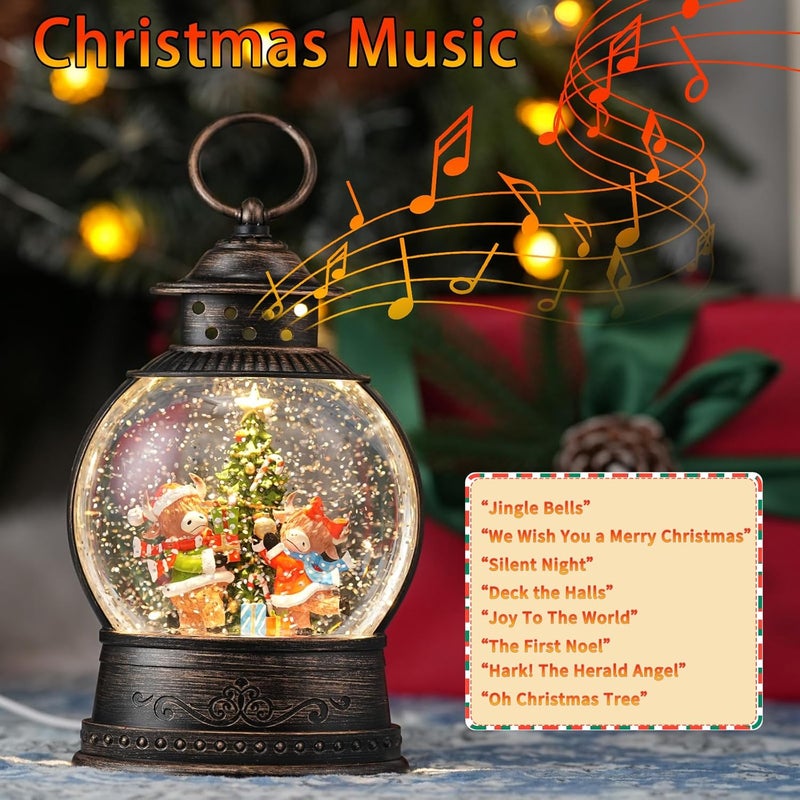 PestiLite Christmas Snow Globes Lantern, Winter Scene with Highland Cow Christmas Tree, Musical Snowglobe with LED Lights & 6h Timer Swirling Glitter Holiday Decortaions Gifts, USB/Battery Powered - Image 3