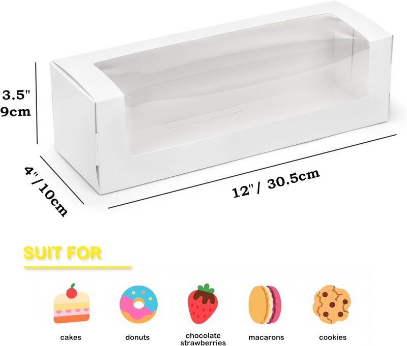 Kingrol 40 Pack White Bakery Boxes with Window, 12 x 4 x 3.5 Roll Cake Boxes, Rectangle Paper Boxes for Pastries, Desserts, Muffins, Donuts - Image 3