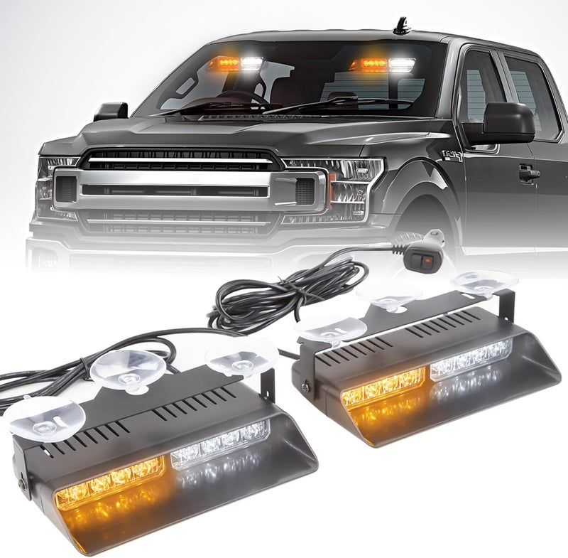 PKINGLAKE 2 in 1 LED Emergency Dash Strobe Light Bar Front/Rear Windshield Safety Flashing Warning Hazard Interior Lights for Police Firefighter Construction Vehicles Trucks (2x7.5 inch, Amber/White) - Image 1