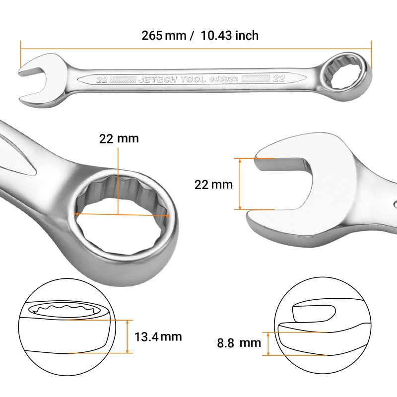 Jetech 22mm Combination Wrench - Industrial Grade Spanner with 12-Point Design, 15-Degree Offset, Made with Durable Chrome Vanadium Steel in Sand Blasted Finish, Forged, Heat-Treated, Metric - Image 2
