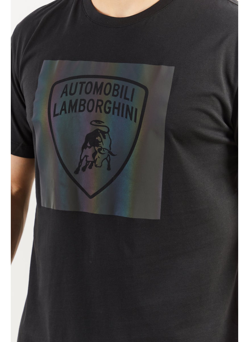 LAMBORGHINI Men Crew Neck Short Sleeve Brand Logo T-Shirt, Black  - Image 2