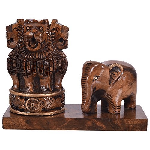 Craft Trade Wooden Pen Stand For Office Table With Ashok Stambh Pillar And Handcrafted Elephant Statue Stylish Pencil Holder Desk Organizer Aesthetic Accessories, Clothing, Brown - Image 1