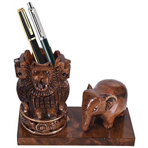 Craft Trade Wooden Pen Stand For Office Table With Ashok Stambh Pillar And Handcrafted Elephant Statue Stylish Pencil Holder Desk Organizer Aesthetic Accessories, Clothing, Brown - Image 4