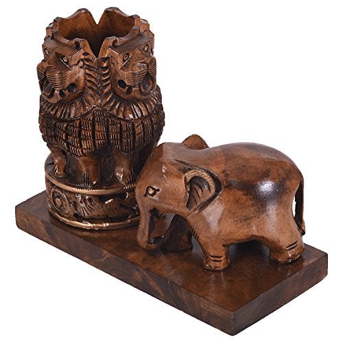 Craft Trade Wooden Pen Stand For Office Table With Ashok Stambh Pillar And Handcrafted Elephant Statue Stylish Pencil Holder Desk Organizer Aesthetic Accessories, Clothing, Brown - Image 2