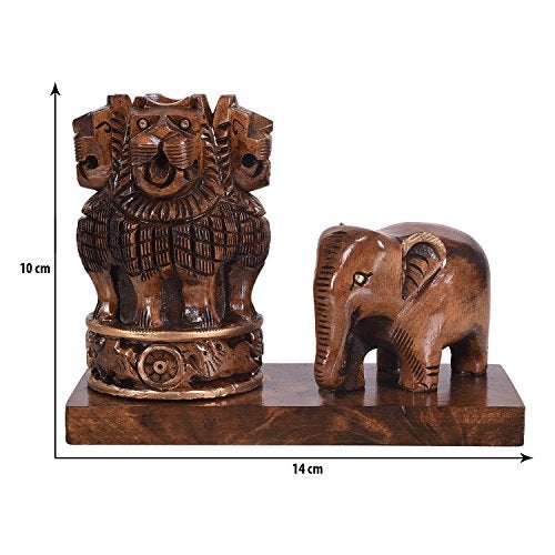 Craft Trade Wooden Pen Stand For Office Table With Ashok Stambh Pillar And Handcrafted Elephant Statue Stylish Pencil Holder Desk Organizer Aesthetic Accessories, Clothing, Brown - Image 5
