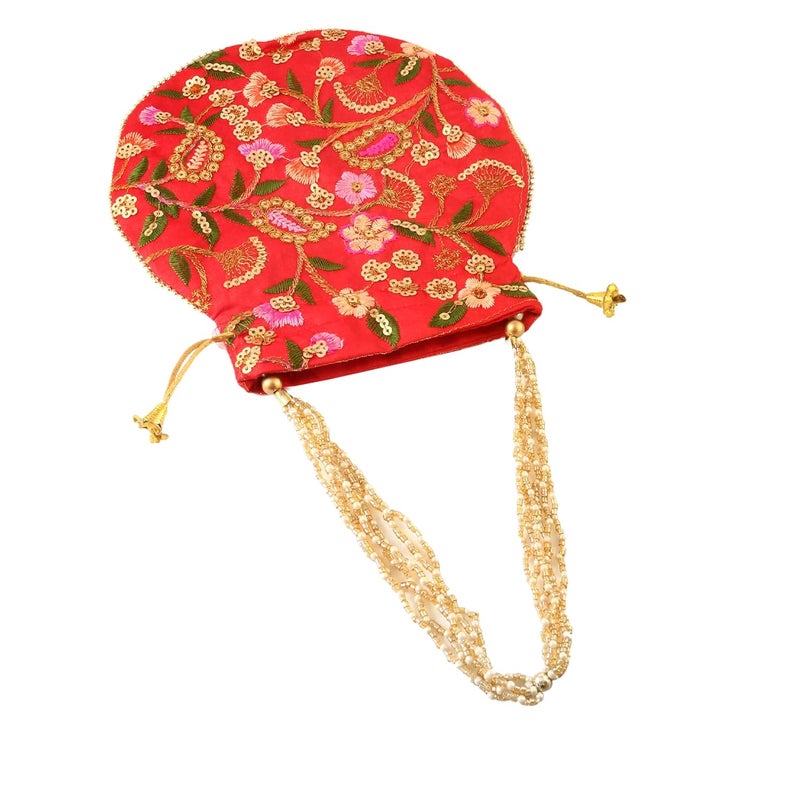 BINORI Rajasthani Style Royal Clutch Silk Batwa Bag Wristlets Embroidered Potli Bag With Floral Design, Pearl Handle, Traditional Drawstring Purse - Image 2